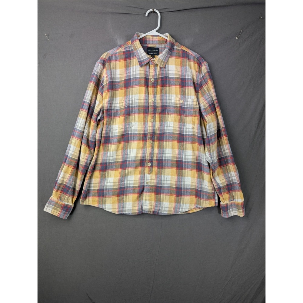 Lucky Brand Mens Saturday Stretch Plaid Flannel Shirt XL Yellow Red‎ 7MD41926